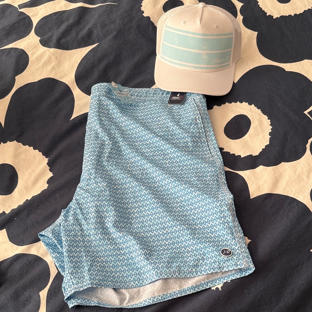 johnnie-O XL NWT Light Blue Swim Trunks with matching cap.